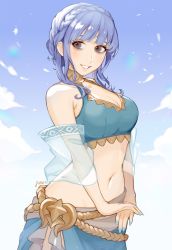 Rule 34 | 1girl, bikini, bikini top only, blue bikini, blue hair, blue nails, blush, bob cut, braid, breasts, brown eyes, cleavage, female focus, fire emblem, fire emblem: three houses, fire emblem heroes, gold trim, highres, jivke, large breasts, long bangs, looking at viewer, marianne von edmund, midriff, nail polish, navel, nintendo, nintendo switch, official alternate costume, own hands clasped, own hands together, short hair, simple background, skirt, sky, smile, solo, stomach, swimsuit