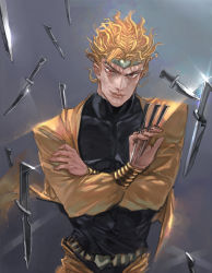 Rule 34 | 1boy, bad id, bad pixiv id, blonde hair, crossed arms, dio brando, earrings, evil smile, grey background, headband, holding, holding knife, jacket, jewelry, jojo no kimyou na bouken, knife, looking at viewer, male focus, muscular, red eyes, skin tight, smile, solo, touge (kubiwa tsuki), weapon, yellow jacket