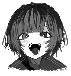 Rule 34 | 1girl, blunt bangs, blush, bob cut, crazy eyes, fangs, greyscale, highres, looking at viewer, monochrome, open mouth, original, portrait, short hair, simple background, sirayukisiu, sketch, smile, solo, white background