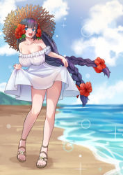 Rule 34 | 1girl, bare shoulders, beach, blue eyes, blue hair, blush, braid, breasts, cloud, day, dress, eleszaykr, flower, full body, hair flower, hair ornament, hat, highres, large breasts, last origin, long hair, looking at viewer, low-braided long hair, low-tied long hair, low twin braids, oberonia rhea, open mouth, outdoors, sandals, skirt hold, smile, solo, sun hat, sundress, twin braids, twintails, very long hair, white dress
