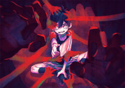 Rule 34 | 1boy, aiming, aiming at viewer, antenna hair, bare arms, bare shoulders, black hair, black socks, black tank top, blurry, blurry foreground, collarbone, colored skin, commentary request, constricted pupils, fangs, foreshortening, full body, ghost hands, hand on own foot, holding, holding knife, kneehighs, knees apart feet together, knife, looking at viewer, male focus, omori, omori (omori), open mouth, outstretched arm, short hair, shorts, sitting, socks, solo, striped clothes, striped shorts, tank top, toastytoast, white eyes, white shorts, white skin