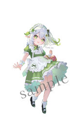 Rule 34 | 1girl, :d, alternate costume, apron, basket, bow, dress, enmaided, frilled apron, frilled dress, frills, genshin impact, gradient hair, green bow, green dress, green eyes, green hair, grey hair, hair between eyes, hair bow, hair ornament, hairclip, highres, looking at viewer, maid, maid headdress, multicolored hair, nahida (genshin impact), omelet tomato, open mouth, pleated dress, puffy short sleeves, puffy sleeves, sample watermark, short sleeves, side ponytail, signature, simple background, smile, solo, striped bow, watermark, white apron, white background, wrist cuffs