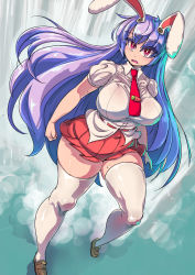 Rule 34 | 1girl, animal ears, blouse, buttons, enajii, highres, light purple hair, long hair, necktie, pink skirt, puffy short sleeves, puffy sleeves, rabbit ears, red eyes, reisen udongein inaba, shirt, short sleeves, skirt, solo, thighs, touhou, very long hair, white shirt