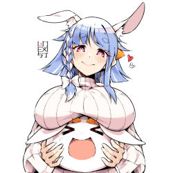 Rule 34 | &gt; &lt;, 1girl, :d, animal ears, artist logo, blue hair, blunt ends, bow, braid, breast rest, breasts, carrot hair ornament, food-themed hair ornament, hair bow, hair ornament, heat, holding person, hololive, huge breasts, mature female, multicolored hair, open mouth, pekomama, pekomon (usada pekora), rabbit-shaped pupils, rabbit ears, rabbit girl, ribbed sweater, short hair with long locks, side braid, sidelocks, simple background, smile, solo, streaked hair, sweater, symbol-shaped pupils, turtleneck, turtleneck sweater, unexistarts, virtual youtuber, white background, white sweater, xd