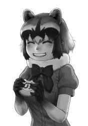 Rule 34 | 1girl, absurdres, animal ears, bow, bowtie, closed eyes, common raccoon (kemono friends), elbow gloves, extra ears, fangs, food, food on face, fur collar, gloves, greyscale, grin, hair between eyes, highres, holding, holding food, japari bun, kemono friends, kishida shiki, medium hair, monochrome, multicolored hair, parted bangs, raccoon ears, short-sleeved sweater, short sleeves, sidelocks, simple background, smile, solo, sweater, teeth, upper body, white background