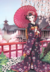 Rule 34 | 1girl, bad id, bad pixiv id, cherry blossoms, flower, geta, hair ornament, japanese clothes, kimono, nardack, nihongami, oil-paper umbrella, original, parasol, solo, umbrella