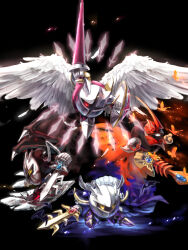 Rule 34 | 4boys, black background, cape, commentary request, dark meta knight, flying, galacta knight, holding, holding polearm, holding sword, holding weapon, kirby (series), looking at viewer, male focus, mask, meta knight, morpho knight, multiple boys, nintendo, polearm, shield, simple background, sword, user ahkv8283, weapon, wings, yellow eyes