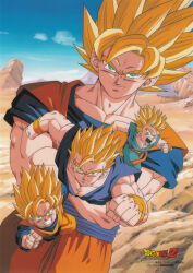 Rule 34 | 1990s (style), 4boys, aqua eyes, blonde hair, brothers, copyright name, copyright notice, crossed arms, day, dougi, dragon ball, dragonball z, father and son, highres, looking at viewer, male focus, multiple boys, muscular, muscular male, non-web source, official art, open mouth, outdoors, retro artstyle, short hair, siblings, single bang, sleeveless, smile, son gohan, son goku, son goten, spiked hair, super saiyan, super saiyan 1, trunks (dragon ball), wasteland, wristband