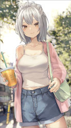 Rule 34 | 1girl, antenna hair, bag, blurry, blurry background, breasts, brown eyes, commentary request, cup, day, denim, denim shorts, disposable cup, drinking straw, grey hair, highres, holding, holding cup, isegawa yasutaka, jacket, large breasts, nail polish, off shoulder, original, outdoors, pink jacket, pink nails, shorts, smile, solo, tank top, updo
