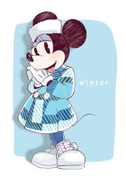 Rule 34 | 1girl, animal ears, blue background, blue dress, blush, border, disney, dress, english text, full body, fur hat, hands up, hat, highres, interlocked fingers, looking at viewer, minnie mouse, mouse ears, mouse tail, non 565656, open mouth, own hands together, solo, tail, white border, white footwear