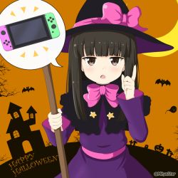 Rule 34 | 1girl, alternate costume, black hair, blunt bangs, brown eyes, capelet, commentary request, halloween, hat, hatsuyuki (kancolle), index finger raised, jack-o&#039;-lantern, kantai collection, long hair, looking at viewer, mitya, nintendo switch, solo, spoken object, witch hat