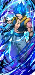 Rule 34 | 1boy, abs, aura, bare shoulders, belt, blue belt, blue eyes, blue hair, blue theme, clenched hand, closed mouth, collarbone, dragon ball, dragon ball super, energy, gogeta, highres, kamonegi (meisou1998), light particles, male focus, muscular, muscular male, puffy pants, sketch, smile, solo, spiked hair, standing, wind, wristband
