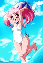 Rule 34 | 1girl, absurdres, armpits, arms up, ball, barefoot, beachball, bishoujo senshi sailor moon, blush, breasts, chibi usa, cone hair bun, danmakuman, day, feet, female focus, from side, hair bun, highres, knees together feet apart, looking at viewer, ocean, one-piece swimsuit, open mouth, outdoors, pink hair, red eyes, sky, small breasts, smile, solo, standing, standing on one leg, swimsuit, thighs, toes, twintails, wading, water, wavy hair, white one-piece swimsuit, wide hips