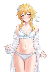 Rule 34 | 1girl, bare shoulders, bikini, blonde hair, blush, breasts, cleavage, collarbone, commentary, cowboy shot, feather hair ornament, feathers, flower, genshin impact, gluteal fold, hair flower, hair ornament, highres, long sleeves, looking at viewer, lumine (genshin impact), medium breasts, navel, off shoulder, open clothes, open shirt, parted lips, shirt, simple background, solo, standing, stomach, swimsuit, thighs, white background, white bikini, white flower, white shirt, yami (rear4742), yellow eyes
