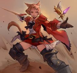 Rule 34 | 1girl, animal ears, ascot, warrior of light (ff14), boots, brown hair, cat ears, cat girl, cat tail, facial mark, fictional persona, fighting stance, final fantasy, final fantasy xiv, highres, holding, holding sword, holding weapon, kenshin187, miqo&#039;te, rapier, scar, short hair, skirt, solo, sword, tail, thigh boots, thighhighs, weapon
