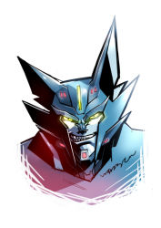 Rule 34 | 1boy, decepticon, evil grin, evil smile, fangs, glowing, glowing eyes, grin, ichira-san, looking at viewer, machine, machinery, male focus, mecha, no humans, personification, robot, simple background, smile, solo, steeljaw (transformers robots in disguise), teeth, transformers, upper body, white background, yellow eyes