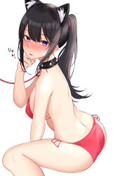 Rule 34 | 1girl, absurdres, animal ears, back, bare arms, bare shoulders, between legs, bikini, black choker, black hair, blush, breasts, cat ears, cat girl, choker, commentary request, from side, highres, ichiki 1, large breasts, leash, long hair, looking at viewer, mole, mole on breast, mole under eye, nose blush, original, parted lips, ponytail, purple eyes, red bikini, side-tie bikini bottom, simple background, sitting, solo, string bikini, swimsuit, thighs, wariza, white background