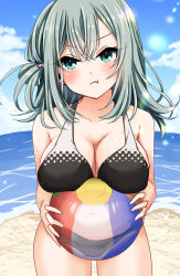 Rule 34 | 1girl, angry, aqua eyes, aqua hair, ball, bare arms, bare shoulders, beach, beachball, beads, bikini, black bikini, blush, breast hold, breasts, cleavage, closed mouth, collarbone, commentary, cowboy shot, day, double-parted bangs, eyelashes, eyes visible through hair, frown, hair beads, hair between eyes, hair ornament, halterneck, highres, holding, holding ball, holding beachball, large breasts, long hair, looking at viewer, ocean, one side up, outdoors, pout, riddle joker, ririi (ai-my talikng), shikibe mayu, shiny skin, solo, sparkle, standing, straight-on, swimsuit, tsurime, two-tone bikini, v-shaped eyebrows, white bikini