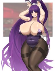 Rule 34 | 1girl, animal ears, areola slip, armpits, arms up, blush, bow, bowtie, breasts, cleavage, curvy, detached collar, eiken, fishnets, food, gigantic breasts, hand on own hip, highres, huge breasts, large areolae, leotard, lips, long hair, looking at viewer, misono kirika, muundae, playboy bunny, plump, ponytail, popsicle, purple eyes, purple hair, purple nails, rabbit ears, rabbit pose, sidelocks, skin tight, smile, solo, thick thighs, thighs, very long hair, wide hips, wrist cuffs