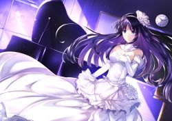 Rule 34 | 1girl, aquaplus, arm up, bare shoulders, black hair, blue eyes, breasts, bride, choker, classroom, cleavage, clock, cloud, cloudy sky, dress, gloves, gradient eyes, hairband, hand on own chest, highres, indoors, instrument, large breasts, light particles, long dress, long hair, multicolored eyes, open mouth, piano, purimu flat, raised eyebrows, sidelocks, sky, sleeveless, sleeveless dress, solo, standing, touma kazusa, very long hair, wedding dress, white album, white album (series), white album 2, white dress, white gloves, window