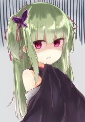 Rule 34 | 1girl, absurdres, bare shoulders, black kimono, blunt bangs, butterfly hair ornament, commentary, disgust, frown, green hair, hair ornament, hair ribbon, hand up, highres, hime cut, japanese clothes, kimono, long hair, looking at viewer, murasame (senren), open mouth, red eyes, red ribbon, ribbon, senren banka, shaded face, sidelocks, simple background, solo, straight hair, sweatdrop, two side up, upper body, wide sleeves, yuuhodesu