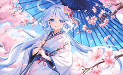 Rule 34 | 1girl, absurdres, ahoge, blue eyes, blue hair, blush, cherry blossoms, furina (genshin impact), genshin impact, hair between eyes, hair ornament, hat, heterochromia, highres, japanese clothes, kimono, lalazyt, long hair, long sleeves, looking at viewer, multicolored hair, oil-paper umbrella, smile, solo, streaked hair, tassel, umbrella, very long hair, white hair, white kimono