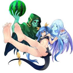Rule 34 | 1girl, barefoot, blue hair, brown eyes, dizzy (guilty gear), eiji (eiji), feet, floating, foot focus, guilty gear, long hair, looking at viewer, monster girl, parted lips, pov, soles, toes, twintails