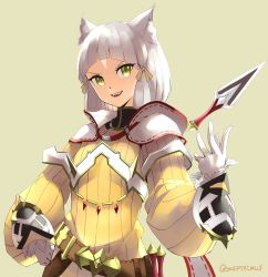 Rule 34 | 1girl, absurdres, animal ears, cat ears, cat girl, dress, fangs, gloves, hand on own hip, highres, knife, long sleeves, nia (xenoblade), nintendo, puffy long sleeves, puffy sleeves, ribbon, short hair, sidelocks, silver hair, simple background, skeptycally, smile, solo, standing, teeth, upper body, white gloves, xenoblade chronicles (series), xenoblade chronicles 2, xenoblade chronicles (series), xenoblade chronicles 2, yellow dress, yellow eyes, yellow ribbon