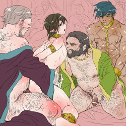 Rule 34 | 6+boys, absurdres, age difference, body hair, collar, cum, group sex, highres, leash, male focus, multiple boys, penis, scar, size difference, tagme, testicles, yaoi