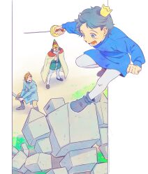 Rule 34 | 3boys, black eyes, black hair, blonde hair, blue footwear, blue shirt, blue tunic, bojji, boots, cape, character request, child, cinema (cinema rok), commentary request, crown, domas, golem, grass, grey footwear, hand up, hat, highres, holding, holding sword, holding weapon, long sleeves, looking at another, looking up, male focus, mini crown, multiple boys, open mouth, ousama ranking, pants, rapier, round teeth, shirt, short hair, smile, sword, teeth, tilted headwear, tongue, tunic, weapon, white cape, white pants, wide-eyed