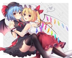 Rule 34 | 2girls, :d, adapted costume, bare shoulders, bat wings, black dress, black headwear, black thighhighs, blonde hair, blue hair, blush, bow, closed mouth, collared shirt, commentary request, crystal, dress, fang, feet out of frame, flandre scarlet, hat, hat bow, hat ribbon, heart, holding hands, leaning on person, long hair, looking at viewer, looking back, medium hair, mob cap, multiple girls, one side up, open mouth, red bow, red eyes, red ribbon, red skirt, remilia scarlet, ribbon, ruhika, shirt, siblings, sisters, sitting, skirt, sleeveless, sleeveless shirt, smile, sparkle, thighhighs, touhou, white headwear, white shirt, white thighhighs, wings, wrist cuffs
