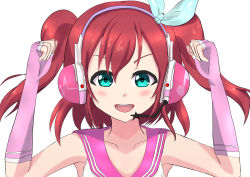 Rule 34 | 1girl, absurdres, aqua bow, aqua eyes, artist name, artist request, bare shoulders, blush, bow, collarbone, disney hare, female focus, fingerless gloves, gloves, green eyes, hair between eyes, headphones, headset, highres, kurosawa ruby, looking at viewer, love live!, love live! school idol festival, love live! sunshine!!, parted lips, pink gloves, red hair, short hair, smile, solo, twintails, two side up, upper body, white background