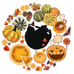 Rule 34 | acorn, animal focus, autumn, autumn leaves, bat (animal), black cat, candy, cat, chinese lantern (plant), circle formation, cookie, cranberry, food, food art, food focus, fruit, halloween, hat, holly, jack-o&#039;-lantern, leaf, lollipop, maple leaf, mini hat, no humans, orange (fruit), orange slice, original, pecan, pie, pie slice, pinecone, pumpkin, pumpkin pie, pumpkin soup, silk, simple background, slothm22, soup, spider web, spoon, star anise (spice), swirl lollipop, white background, witch hat, wrapped candy