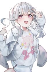 Rule 34 | 1girl, asumi sena, grey hair, highres, jacket, long hair, long sleeves, multicolored hair, open clothes, open jacket, open mouth, pink eyes, pink hair, print shirt, ringozeri, shirt, shorts, simple background, smile, solo, streaked hair, twintails, v, virtual youtuber, vspo!, white background, white jacket, white shirt, white shorts