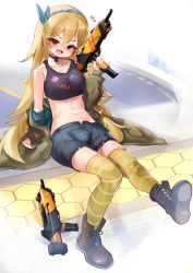 Rule 34 | 1girl, absurdres, black footwear, black tank top, black thighhighs, blonde hair, blue hairband, blue ribbon, blue shorts, blush, boots, breasts, brown jacket, cleavage, commentary, crop top, english commentary, gun, hair ribbon, hairband, highres, holding, holding gun, holding weapon, jacket, long hair, midriff, mila (smc), navel, off shoulder, open mouth, red eyes, ribbon, shorts, sitting, small breasts, solo, submachine gun, super mecha champions, tangyitu1, tank top, thighhighs, v-shaped eyebrows, very long hair, weapon