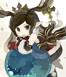 Rule 34 | 1girl, antlers, arulumaya, bare shoulders, bent over, blush stickers, boots, brown eyes, brown hair, christmas, commentary, dress, fur trim, gloves, granblue fantasy, high heel boots, high heels, horn ornament, horns, looking at viewer, paprika shikiso, santa costume, smile, solo, sparkle, standing, standing on one leg, tiara