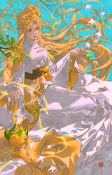 Rule 34 | 1girl, aura, belt pouch, bird, black sash, blonde hair, blue background, cape, chinese clothes, closed mouth, colored eyelashes, cookie run, curtained hair, facial mark, feet out of frame, flower, forehead mark, gold osmanthus, golden osmanthus cookie, green eyes, hair bun, hair flower, hair ornament, half updo, hands up, holding, holding pendulum, humanization, incense burner, jacket, leaf, lips, long hair, long skirt, looking at viewer, looking to the side, open clothes, open jacket, osmanthus, overskirt, parted bangs, pendulum, pouch, sash, seal impression, shirt, simian chuge, single side bun, sitting, skirt, smoke, solo, swallow (bird), tangzhuang, tree, white jacket, white shirt, white skirt, wide sleeves, wind, yellow cape, yellow flower, yellow skirt