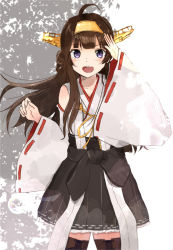 Rule 34 | 1girl, ahoge, black skirt, boots, brown hair, commentary request, detached sleeves, double bun, hair bun, hairband, hand up, headgear, highres, japanese clothes, kantai collection, kongou (kancolle), kongou kai ni (kancolle), long hair, looking at viewer, nontraditional miko, open mouth, pleated skirt, purple eyes, ribbon-trimmed sleeves, ribbon trim, skirt, solo, thigh boots, thighhighs, yukirui (sruibbt89)