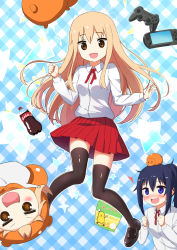Rule 34 | 10s, 3girls, :d, animal, animal on head, black legwear, blonde hair, blush, brown eyes, checkered background, chibi, coca-cola, controller, doma umaru, drogoth, game controller, hamster, hamster costume, handheld game console, highres, himouto! umaru-chan, hood, komaru (himouto! umaru-chan), long hair, looking at another, looking at viewer, motoba kirie, multiple girls, on head, open mouth, playstation portable, playstation vita, ponytail, purple eyes, purple hair, school uniform, simple background, skirt, smile, solo focus, star (symbol), thighhighs, zettai ryouiki