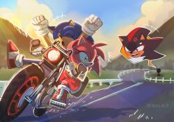 Rule 34 | &gt;:), 1girl, 2boys, amy rose, angry, animal nose, artist name, blue fur, blue sky, boots, chinchila010, cloud, furry, furry female, furry male, gloves, green eyes, hairband, hedgehog, hedgehog ears, hedgehog girl, hedgehog tail, highres, motor vehicle, motorcycle, multiple boys, open mouth, pink fur, red eyes, red hairband, shadow the hedgehog, shoes, sitting, sitting on motorcycle, sky, sonic (series), sonic the hedgehog
