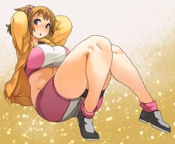 Rule 34 | 10s, 1girl, bike shorts, breasts, brown hair, groin, gundam, gundam build fighters, gundam build fighters try, hoshino fumina, large breasts, legs, long hair, midriff, parted lips, ponytail, sachito, solo, thighs