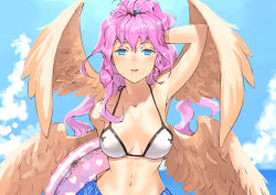 Rule 34 | 1girl, ahoge, angel, angel wings, archangel metatron (p&amp;d), arm behind head, arm up, armpits, bikini, blue eyes, blue sky, blush, breasts, cleavage, cloud, collarbone, day, feathered wings, heart, heart print, innertube, jyon, long hair, looking at viewer, medium breasts, multiple wings, navel, open mouth, outdoors, pink hair, ponytail, puzzle &amp; dragons, sarong, sky, solo, swim ring, swimsuit, towel, upper body, water, white bikini, wings