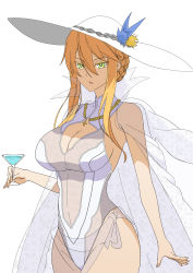 Rule 34 | 1girl, absurdres, artoria pendragon (all), artoria pendragon (fate), artoria pendragon (swimsuit ruler) (fate), artoria pendragon (swimsuit ruler) (second ascension) (fate), bare shoulders, blonde hair, braid, breasts, cleavage, cleavage cutout, clothing cutout, cocktail glass, covered navel, cup, drinking glass, fate/grand order, fate (series), french braid, green eyes, hair between eyes, hat, highres, jewelry, large breasts, long hair, looking at viewer, necklace, one-piece swimsuit, open mouth, sidelocks, simple background, solo, sun hat, sungose, swimsuit, white background, white one-piece swimsuit