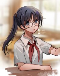 Rule 34 | 1girl, black eyes, black hair, blurry, blurry background, breasts, classroom, collared shirt, commentary, glasses, highres, indoors, looking to the side, medium breasts, neck ribbon, open mouth, original, ponytail, red ribbon, ribbon, rulacloi, school uniform, shirt, short sleeves, solo, symbol-only commentary, table, twitter username, upper body, vietnam, white shirt