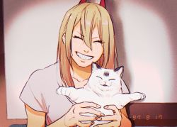 Rule 34 | 1girl, 1other, animal, cat, chainsaw man, drgryu750, closed eyes, holding, holding animal, holding cat, horns, image, long hair, meowy (chainsaw man), power (chainsaw man), red horns, sharp teeth, short sleeves, smile, solo, teeth, white cat