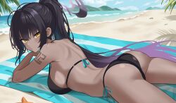 Rule 34 | 1girl, absurdres, beach, bikini, black hair, black halo, blue archive, blue ribbon, commentary request, dark skin, hair between eyes, halo, highres, karin (blue archive), long hair, lying, on stomach, partial commentary, ponytail, raimu (clanberry000), ribbon, side-tie bikini bottom, starfish, swimsuit, tattoo, towel, water, yellow eyes