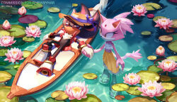 Rule 34 | 1boy, 1girl, absurdres, alternate costume, animal ears, blaze the cat, cat ears, cat tail, collared shirt, commission, english text, flower, forehead jewel, furry, furry female, furry male, gloves, hat, hat ribbon, highres, holding hands, lily pad, looking at another, lotus, lying, miitara, on back, open clothes, open shirt, pink flower, purple ribbon, red-framed eyewear, red eyes, red shirt, ribbon, shadow the hedgehog, shirt, shoes, skirt, sonic (series), strapless, sunglasses, tail, tube top, water, watermark, white gloves, white tube top, yellow skirt