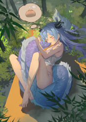 Rule 34 | 1girl, absurdres, armpit crease, azur lane, bamboo, bamboo forest, baozi, bare arms, bare legs, bare shoulders, barefoot, biting, biting own tail, blue hair, blush stickers, breasts, chinese commentary, cleavage, closed eyes, commentary request, crop top, dorsiflexion, dragon girl, dragon horns, dragon tail, dreaming, feet, food, forest, highres, horns, hugging own tail, hugging tail, knees apart feet together, long hair, lung wu (azur lane), lying, nature, on back, outdoors, panties, sleeping, small breasts, solo, tail, tail biting, tank top, thighs, toes, underwear, white panties, white tank top, xiaoguolidun