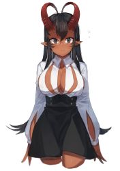Rule 34 | 1girl, arms at sides, bad id, bad pixiv id, black eyes, black hair, black skirt, blush, breasts, closed mouth, cowboy shot, cropped legs, dark-skinned female, dark skin, flying sweatdrops, glasses, high-waist skirt, highres, horns, large breasts, long hair, long sleeves, looking at viewer, original, pointy ears, round eyewear, shirt, simple background, skirt, smile, solo, standing, suminagashi, white background, white shirt