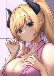 Rule 34 | 1girl, bare arms, bare shoulders, bat tattoo, black horns, blonde hair, blouse, blue eyes, blush, breast tattoo, breasts, center frills, cleavage, collared shirt, demon girl, demon horns, frilled shirt, frills, high ponytail, highres, hololive, horns, large breasts, long hair, looking at viewer, menmen (menmen13s), parted lips, partially unbuttoned, pink shirt, pointy ears, shirt, solo, sweat, tattoo, upper body, virtual youtuber, yuzuki choco, yuzuki choco (1st costume)
